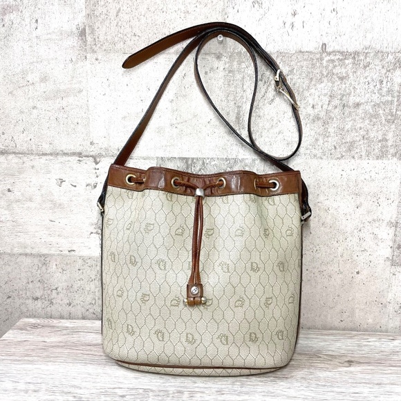 Auth Christian Dior Honeycomb Drawstring Bucket Bag PVC Leather Beige + Pouch - Picture 1 of 15